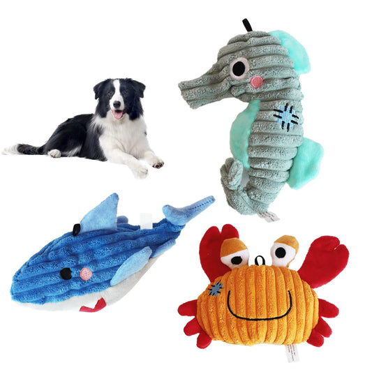 PetSphere Ocean Series Plush Dog Toys – Squeaky Soft Toys for Puppies & Small Dogs (Shark, Squid, Seahorse, Crab)