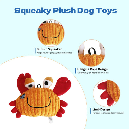 PetSphere Ocean Series Plush Dog Toys – Squeaky Soft Toys for Puppies & Small Dogs (Shark, Squid, Seahorse, Crab)